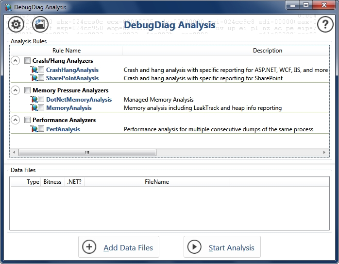 DebugDiag Analysis rule selection